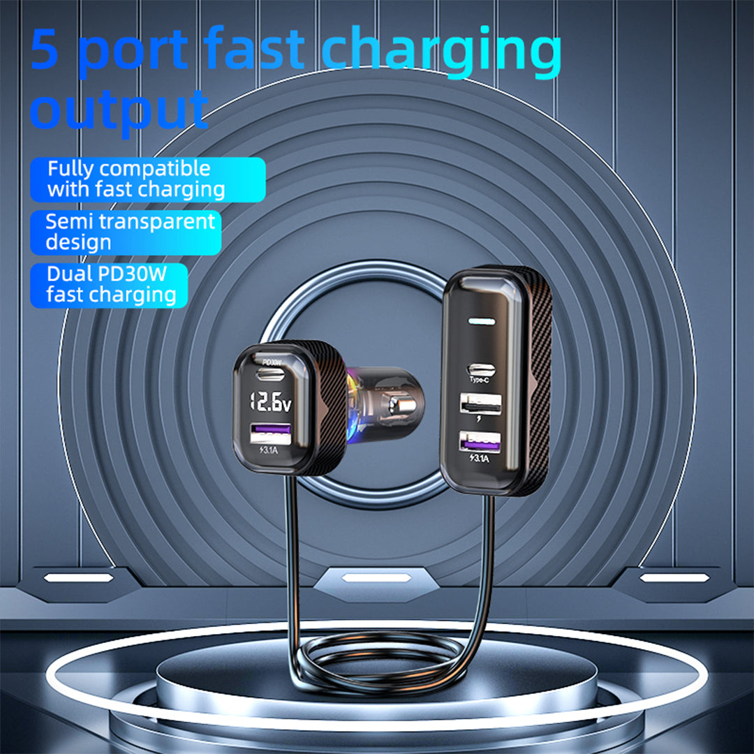 YQ6 PD 30W Fast Charging 2 Type-C + 3 USB Car Charger with 1.5m Extension Wire for iPhone Huawei YQ6 PD 30W Fast Charging 2 Type-C + 3 USB Car Charger with 1.5m Extension Wire for iPhone Huawei